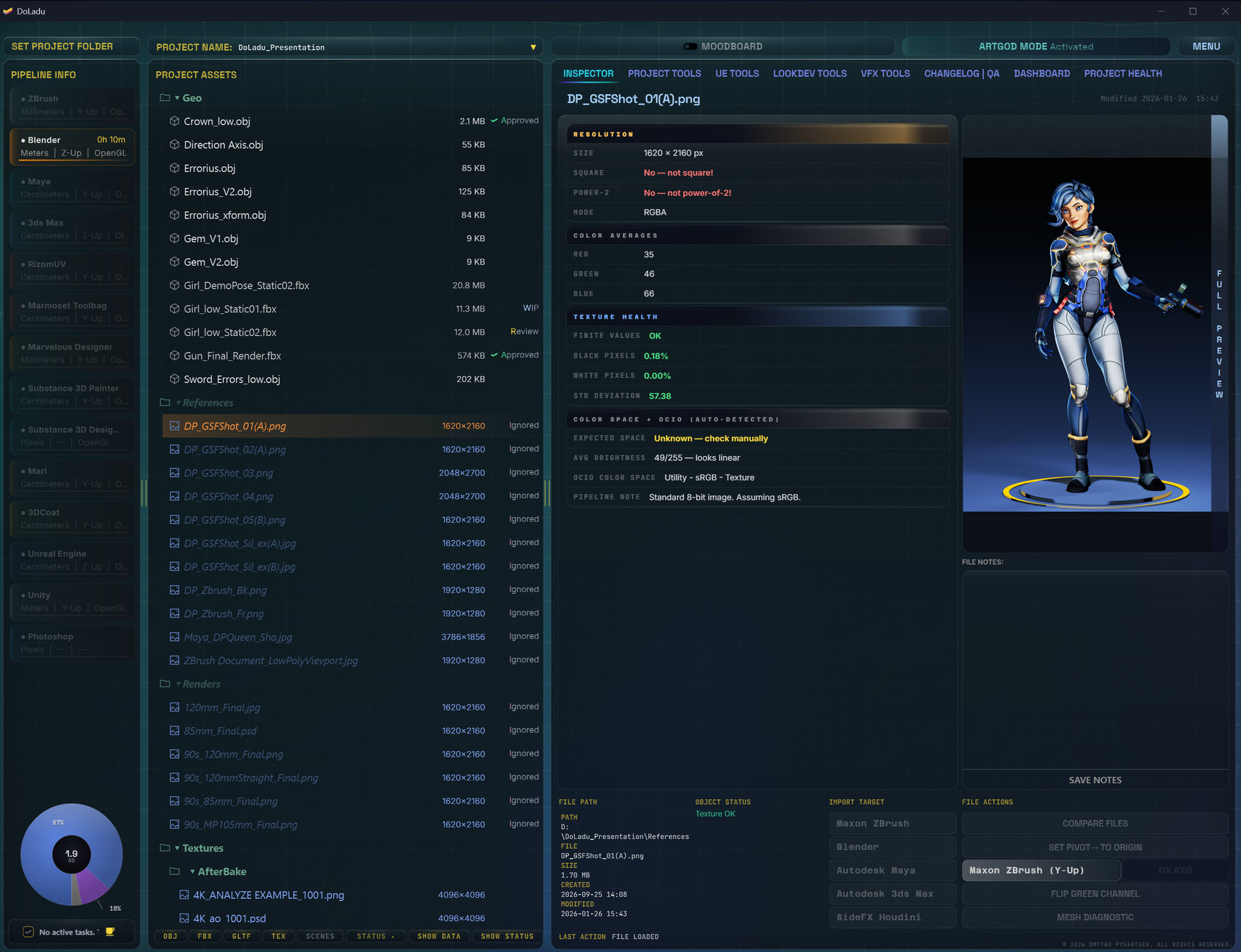 DoLadu Inspector on a texture: resolution, power-of-two check, colour statistics and colour space, with a preview