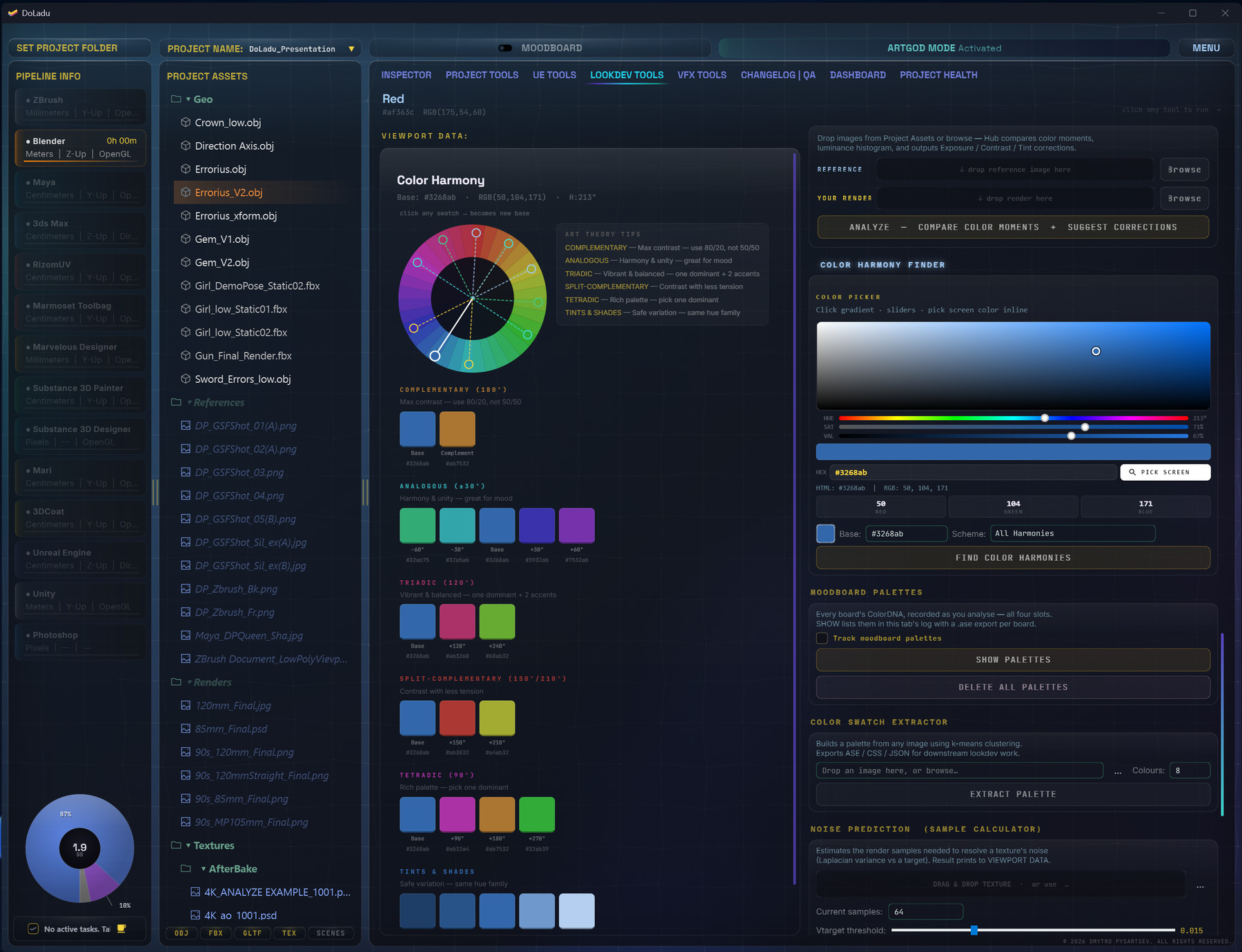 DoLadu LookDev Tools: colour harmony wheel, colour picker and palettes extracted from reference