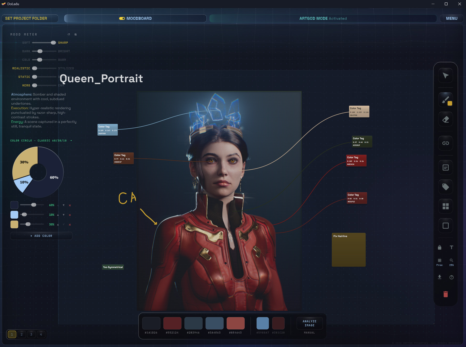DoLadu Moodboard: a character portrait with colour tags linked to regions, mood sliders and the extracted palette