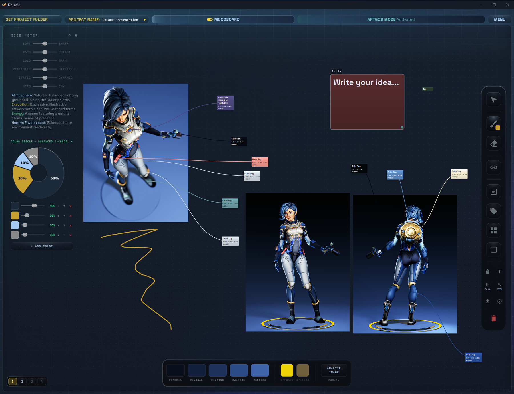 DoLadu Moodboard: reference renders of one character with colour tags, a colour circle, a sketch stroke and a note on an infinite canvas
