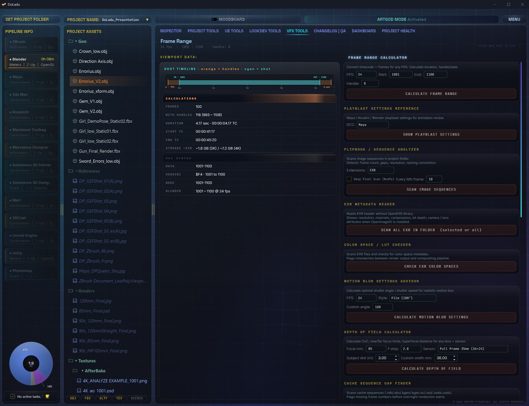 DoLadu VFX Tools: frame range calculator with handles, timecode and playblast settings