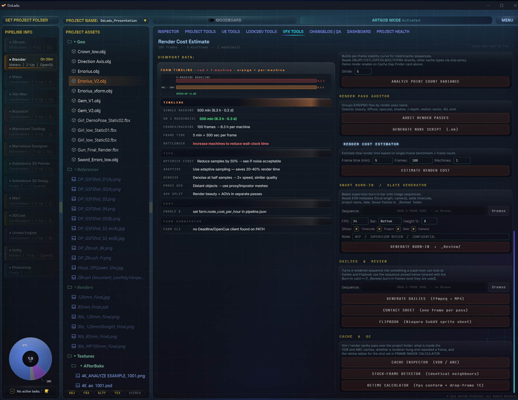 DoLadu VFX Tools: render cost estimate with a farm timeline and burn-in generator